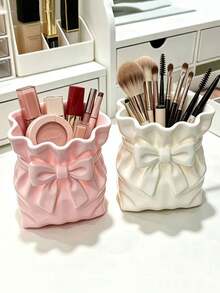 1pc Satin Bow Girls Storage Bucket, Printed Silk Jewelry Box, Vase, Cosmetic Organizer, Stationery Storage, Desktop Decor - Multicolor - View 4