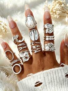 12pcs Exaggerated Old Money Style Asymmetrical Geometric Faux Pearl Rings Set, Women's Daily Wear, Date, Party, Versatile Accessories, Perfect Gift For Birthday, Female Friends - Silver - View 6