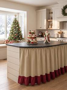 1pc Cream White With Green Stripes And Burgundy Patchwork Trim Kitchen Island Apron, Country Holiday Style Rectangular Top With Wood Grain Countertop And Burgundy Patchwork Skirt Bottom, Decorative Cover For Kitchen Island Cabinet, Suitable For Christmas Kitchen Decoration - Green - View 10