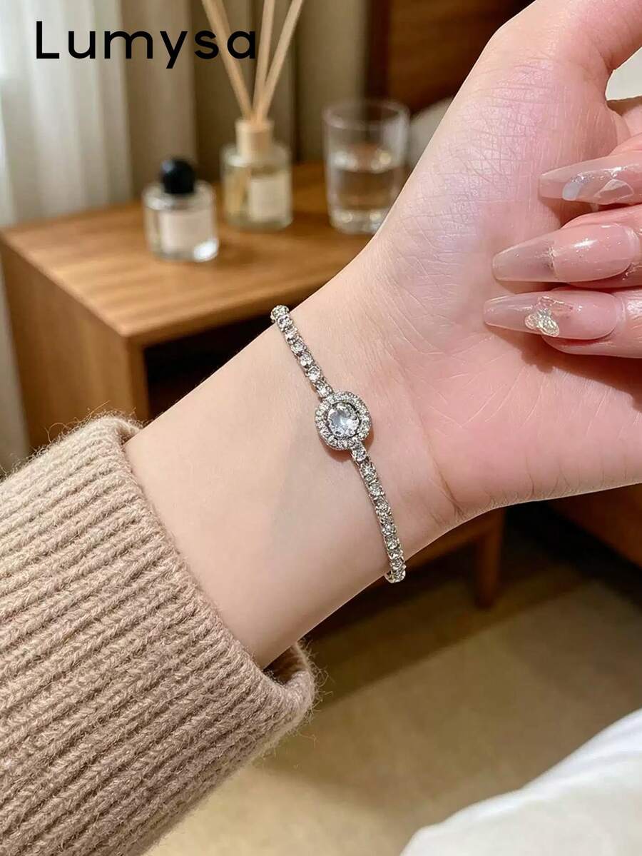1pc Luxury Cubic Zirconia Geometric Copper Alloy Bracelet, Suitable For Women's Daily And Party Wear - Silver - View 1