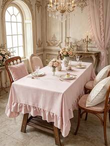 1PC Soft Matte Light Pink Ruffle Edge Tablecloth, French Elegant Vintage Style, Suitable For Home Dining Table, Holiday Gathering, Afternoon Tea, Wedding Banquet, Store Decoration And Multiple Occasions - Pink - View 2