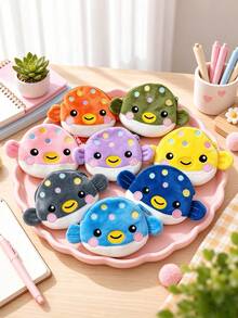 Cartoon Pufferfish-Shaped Plush Coin Purse, Colorful Embroidered Small Animal Zipper Pouch, Portable Pouch For Earphones And Small Items - Multicolor - View 1