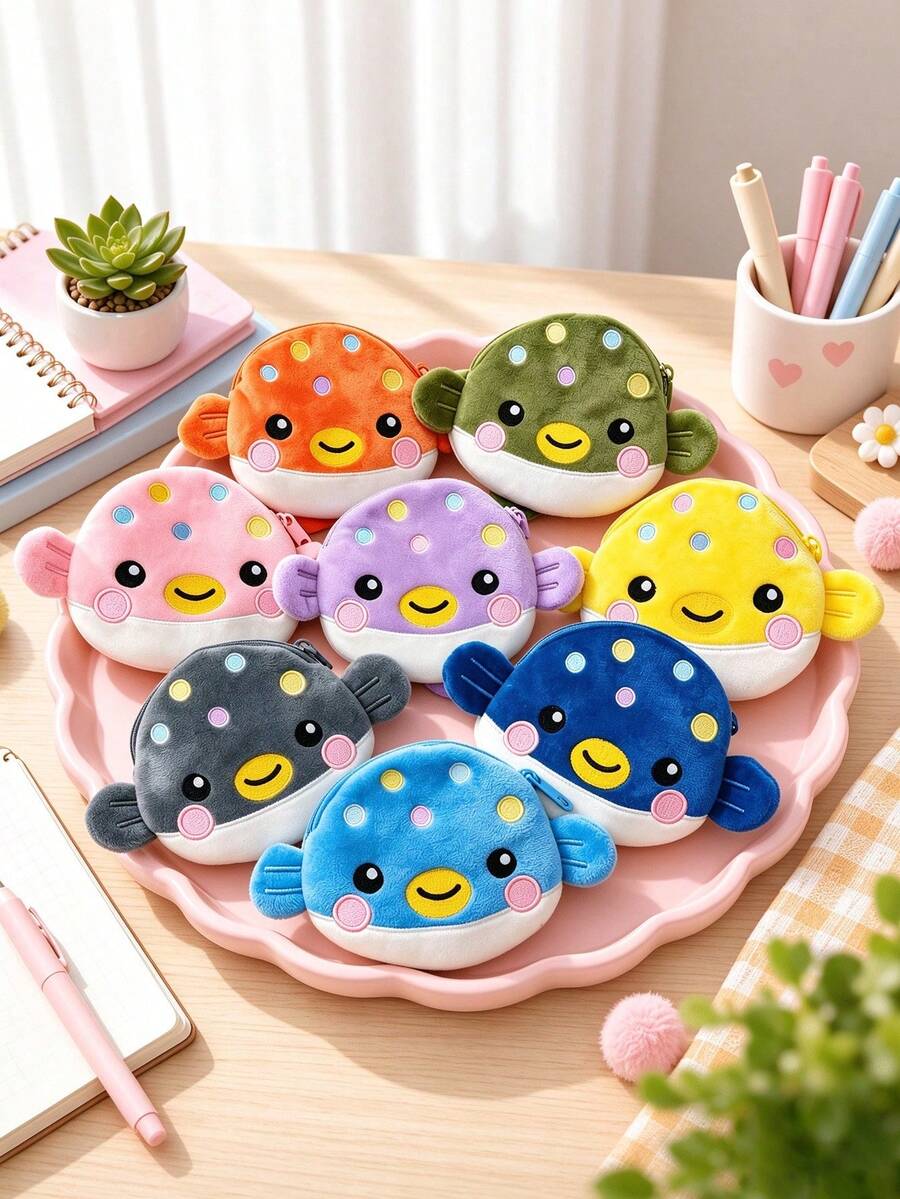 Cartoon Pufferfish-Shaped Plush Coin Purse, Colorful Embroidered Small Animal Zipper Pouch, Portable Pouch For Earphones And Small Items - Multicolor - View 1