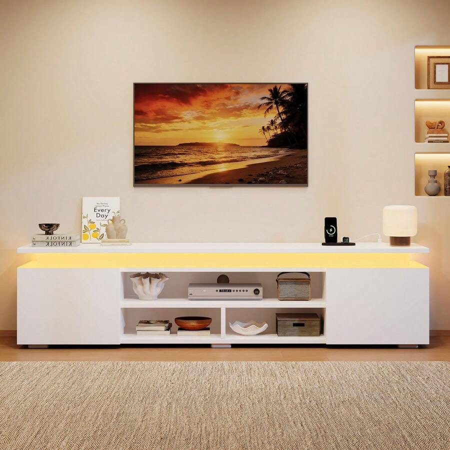 MDF TV Cabinet / TV Stand In Minimalist Style / TV Bench With Cabinets And Open Compartments For Living Room / Timer Function / With LED Lighting / Suitable For Apartments Or Living Rooms, 180 X 35 X 42 Cm, White - White - View 1