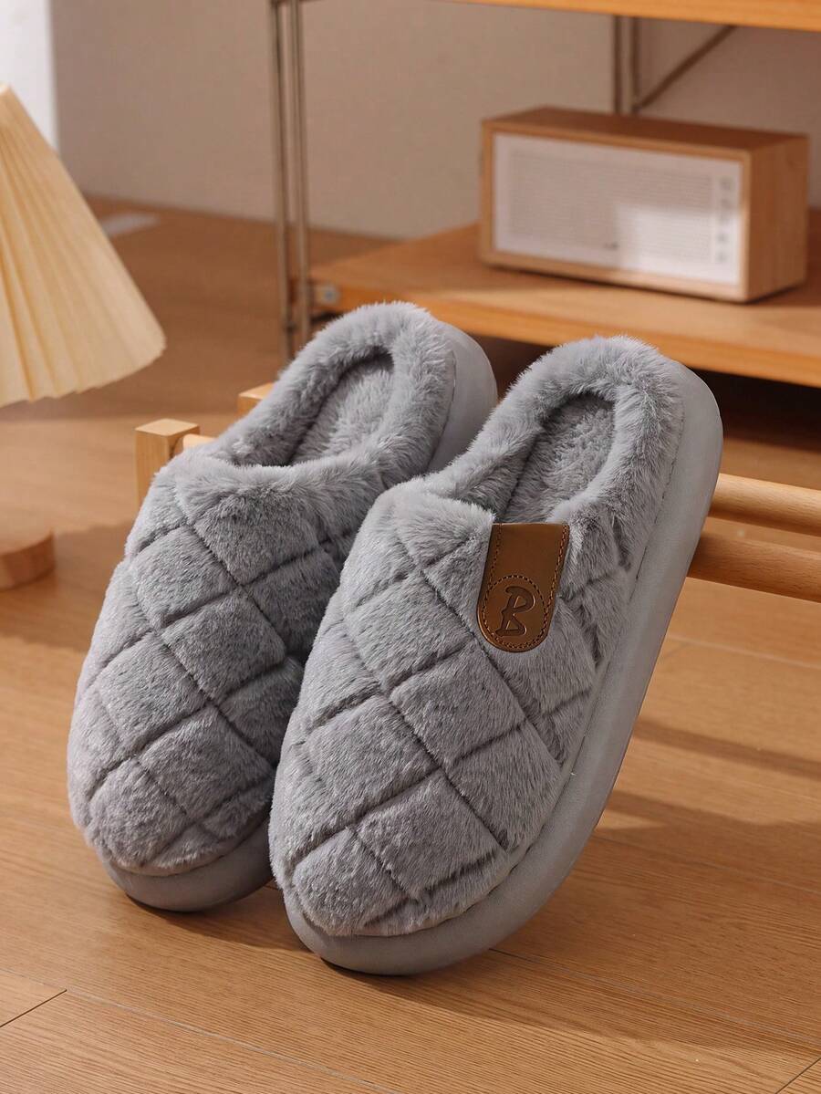 Solid Color Men's Soft Sole Plush Slippers, Thermal Lined Indoor/Outdoor Winter Closed-Toe Floor Slippers - Grey - View 1