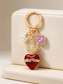 1pc Vintage Cross Wing Heart Keychain For Women, 3 Colors Available, Pearl Rhinestone Bag Charm, Y2K Sweet Cool Style Car Key Pendant - Multicolor - View 4