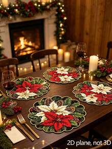 8pcs/4pcs/1pc Round Placemats, Winter Floral And Pine Cone Pattern, Suitable For Christmas Party Decoration, Theme Party, Christmas Dinner, Vintage Style Party - One Size Fits All - View 11