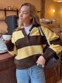 Women's Fashion Street Commute Half-Open Striped Colorblock Warm Comfortable Sweater Top - Multicolor - View 4