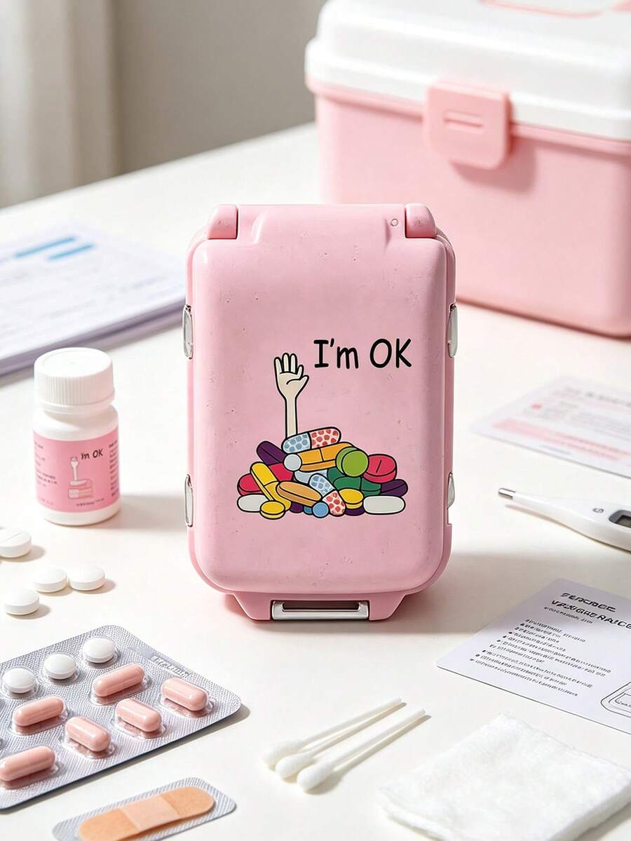 8-Compartment Portable Multi-Layer Pill Box With "I'm Ok" Text, Travel Moisture-Proof Medication Storage Box, Reusable Pill Organizer Suitable For Men And Women, Daily Medication Planner Bag, Travel Medical Kit, Portable First Aid Kit, Essential Accessory For Home, Travel, Dorm, Suitable For Vitamins, Medications And Supplements, Essential For Outdoor, Office And School - Multicolor - View 1
