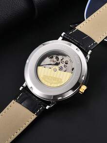 LONGLUX 1pc Men's Automatic Mechanical Watch, Luxury Business Multi-Dial PU Leather Strap Wristwatch - Black - View 5