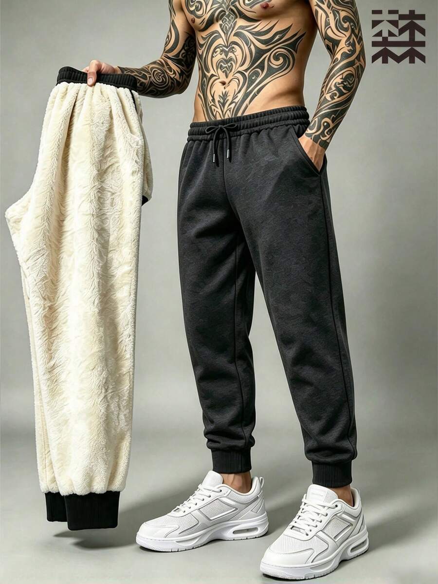 mulinsen Men's Solid Color Fleece Lined Drawstring Joggers, Warm Elastic Cuffed Pockets Sweatpants, Winter Casual Long Pants - Dark Grey - View 1