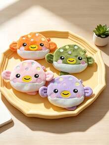 Cartoon Pufferfish-Shaped Plush Coin Purse, Colorful Embroidered Small Animal Zipper Pouch, Portable Pouch For Earphones And Small Items - Multicolor - View 6