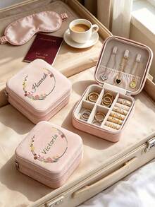Customized Name Floral Wreath PU Travel Jewelry Box, Portable Compartment Storage For Rings, Earrings, Necklaces, Bridesmaid & Girls Birthday Gift - Multicolor - View 6