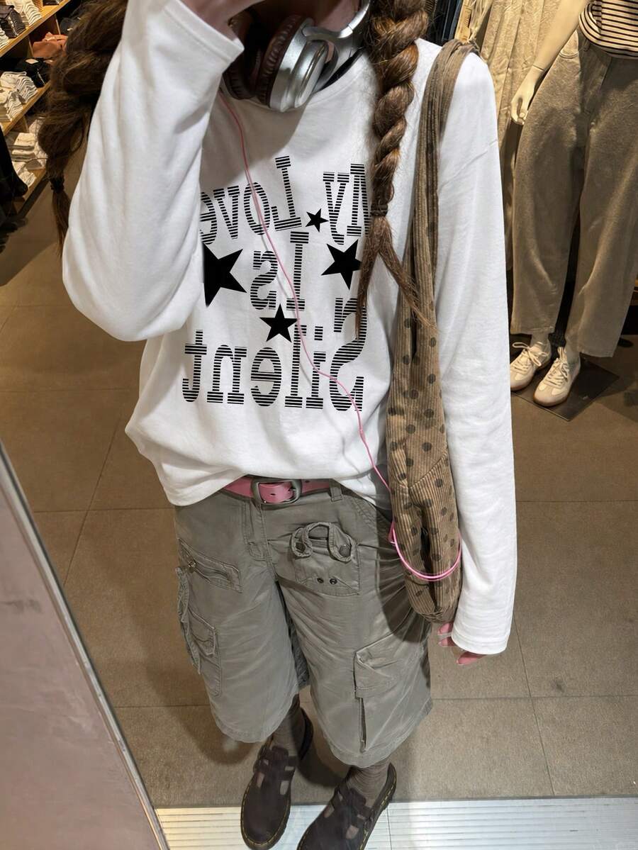 Women's Long Sleeve Crew Neck Star & Letter Print Pure Cotton T-Shirt, Suitable For Street Style And Autumn Daily Wear - White - View 1