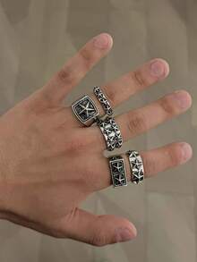 5pcs Vintage Distressed Five-Point Star Ring Set, American Punk Embossed Star Pattern Men's Wide Band Rings, Personalized Stackable Accessories - Silver - View 4