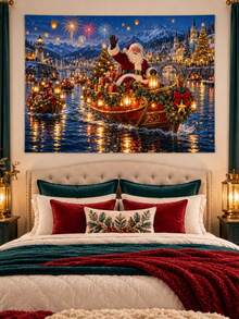 1PC Santa Christmas Lantern Harbor Festival Horizontal Wall Tapestry, Gift Boat Snowy Village Holiday Backdrop, Faux Ultra-Soft Polyester Single-Sided Print, White Overlock Edge, Multiple Sizes - Multicolor - View 12