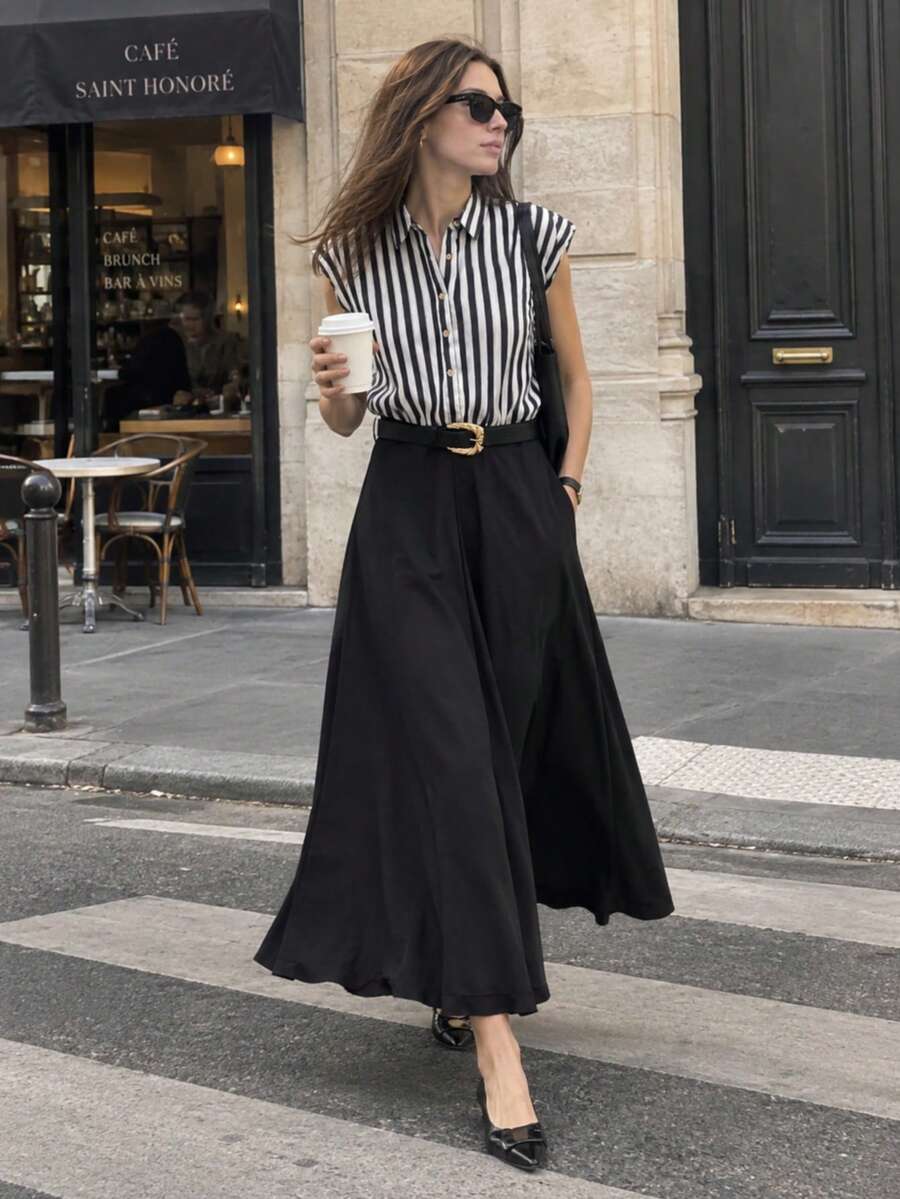 Summer Striped Pleated Patchwork Waist Belt Dress Elegant - Black and White - View 1