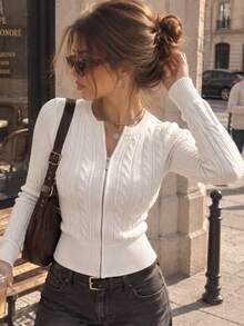 Women's White Cable Knit Cardigan, Zipper Long Sleeve Round Neck Ribbed Hem Slim Fit Casual Top, Fashionable Daily And Night Out Wear - White - View 1