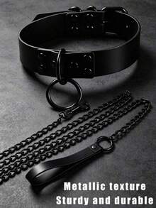 Set Kalung & Tali Anjing, Gaya Eropa yang Dapat Diatur, Warna Gelap, Set Aksesori Leher Kalung dan Tali yang Dipersonalisasi dan Berlebihan, Kalung Kulit, Tali Paduan Logam, Tahan Lama & Kokoh, Ukuran Kalung Dapat Diatur - Hitam - View 1