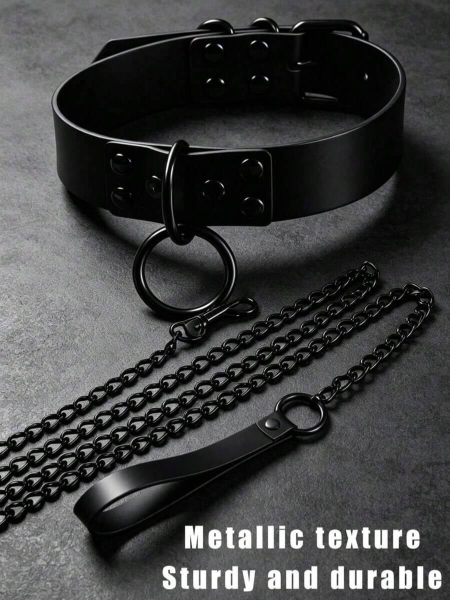 Set Kalung & Tali Anjing, Gaya Eropa yang Dapat Diatur, Warna Gelap, Set Aksesori Leher Kalung dan Tali yang Dipersonalisasi dan Berlebihan, Kalung Kulit, Tali Paduan Logam, Tahan Lama & Kokoh, Ukuran Kalung Dapat Diatur - Hitam - View 1