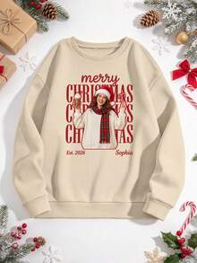 Custom Photo Christmas Crewneck Sweatshirt,Custom Bootleg Style Sweatshirt,Personalized Photo Print Crewneck,Personalized Christmas Gift For Women - Apricot - View 2