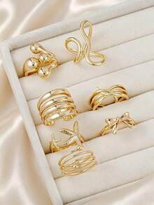 7pcs Bow Starfish Liquid Teardrop Gold Stackable Rings Set For Women, Open Adjustable Statement Finger Rings - Yellow Gold - View 5