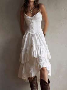 Vestido femenino tirantes decorado con encaje falda multicapa ajustable con lazo en espalda ligero para salidas - Blanco - Ver 7