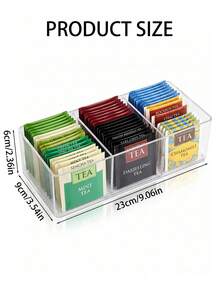 1 pieza Caja de almacenamiento de bolsas de té con tapa abatible y compartimentos, contenedor de almacenamiento de té transparente y apilable, organizador de bolsas de té de plástico de 4 compartimentos, adecuado para cocina y encimera (19.5*9*7.5cm/7.7*3.5*3in) - transparente - Ver 11
