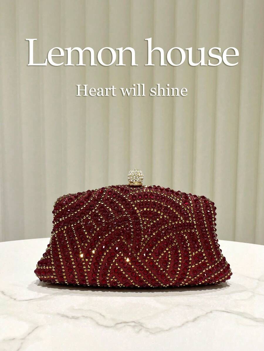 1pc Burgundy Shiny Elegant Crystal Decor Clutch Bag, Metal Chain Shoulder Strap, Fashion Formal Evening Bag, Suitable For Gala, Wedding, Party, Gift For Women