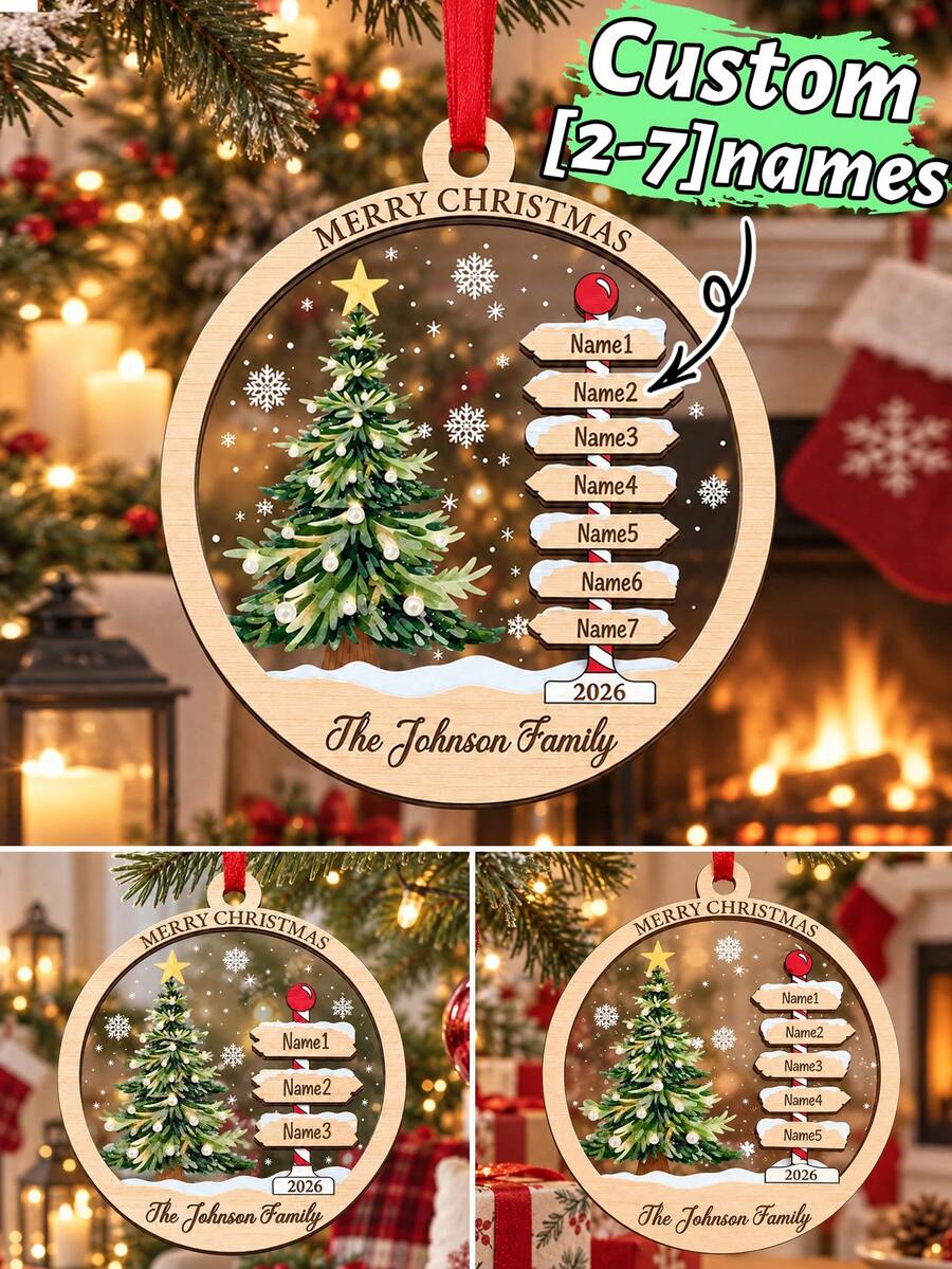 Custom 2-7 Names Round Christmas Tree Signpost Ornament, Festive Personalized Family Name Tree Decoration, Customized Wall Hanging And Holiday Party Decor, Customizable 2026 Christmas Keepsake Gift For Family And Friend, Living Room Decor, Home Decor - Style C - View 1