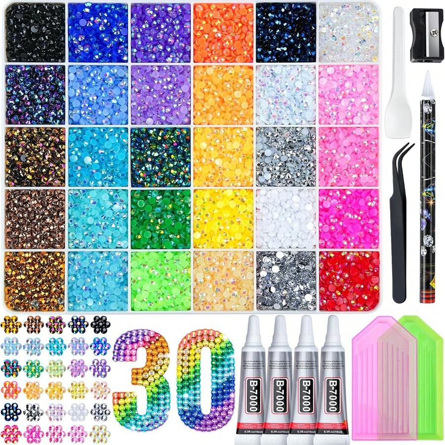 Kit de Decoración 32000 Piezas 24/30/40 Colores de Resina Jelly Rhinestones, Gemas Multicolor de Espalda Plana para Arte de Diamantes, Kit de Decoración con 3 Piezas de 10ml Pegamento de Joyería B7000 & Herramientas - Regalos de Navidad y Cumpleaños para Mujeres