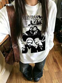 Women's Round Neck Long Sleeve T-Shirt, Spring/Autumn New Portrait Pattern & Letter Print, Fashion Casual Versatile Loose Fit Top - White - View 2