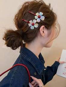2pcs Floral Print Cute Iridescent Acetate Flower Hair Clips Side Hair Clips 2026 New Style Bangs Clips Premium Forehead Hair Accessories - Multicolor - View 3