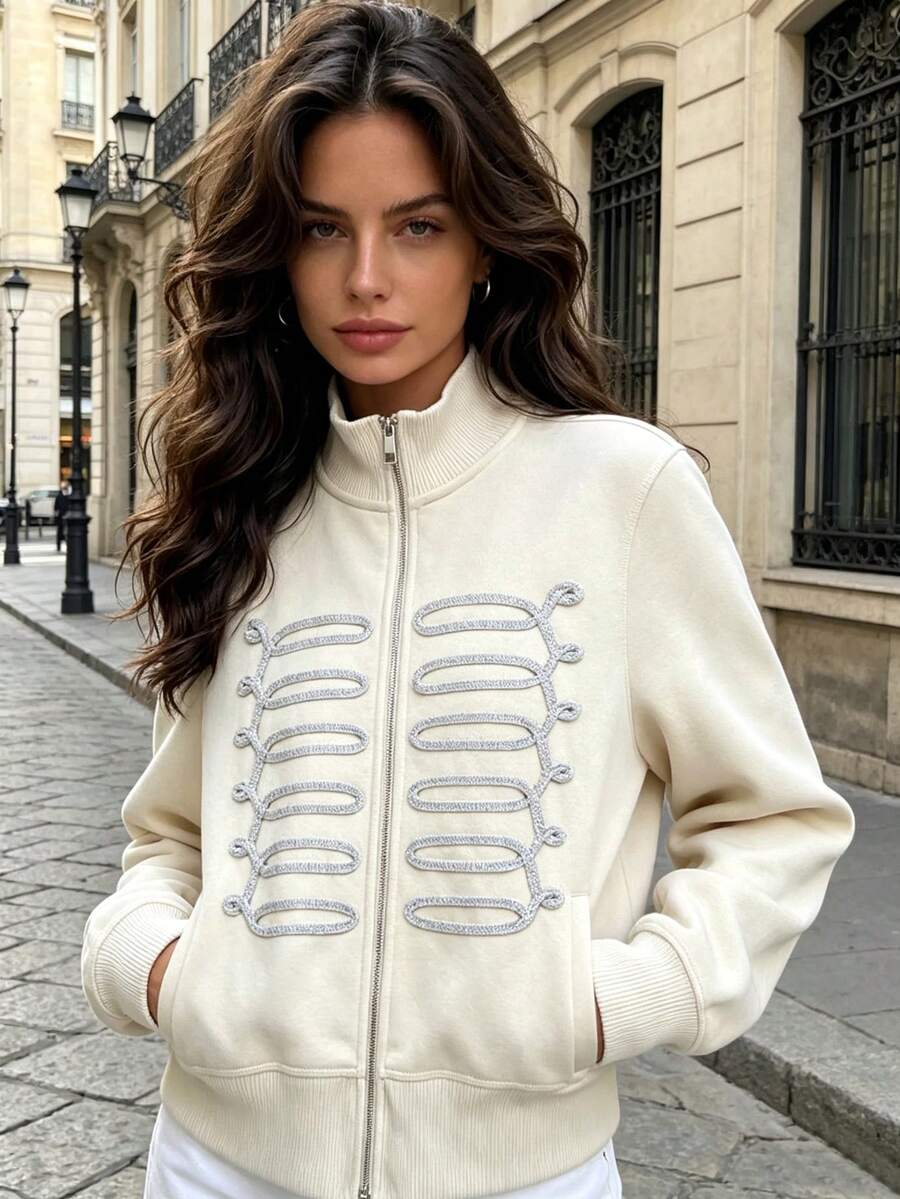 DEEKA Autumn New Women's European And American Style Fashion Minimalist Versatile Knot Button Sweatshirt Jacket - Beige - View 1