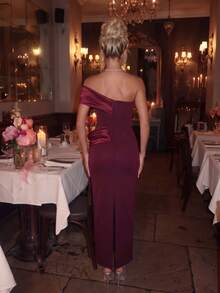 Women's Elegant One Shoulder Ruched Patchwork Bandage Dress - Burgundy - View 6
