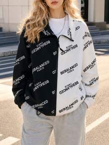 1pc Women's Sports Outdoor Style Letter Print Colorblock Baseball Jacket Zip-Up Cardigan Cycling Climbing Top Loose Fit Adjustable Hem - Black and White - View 10