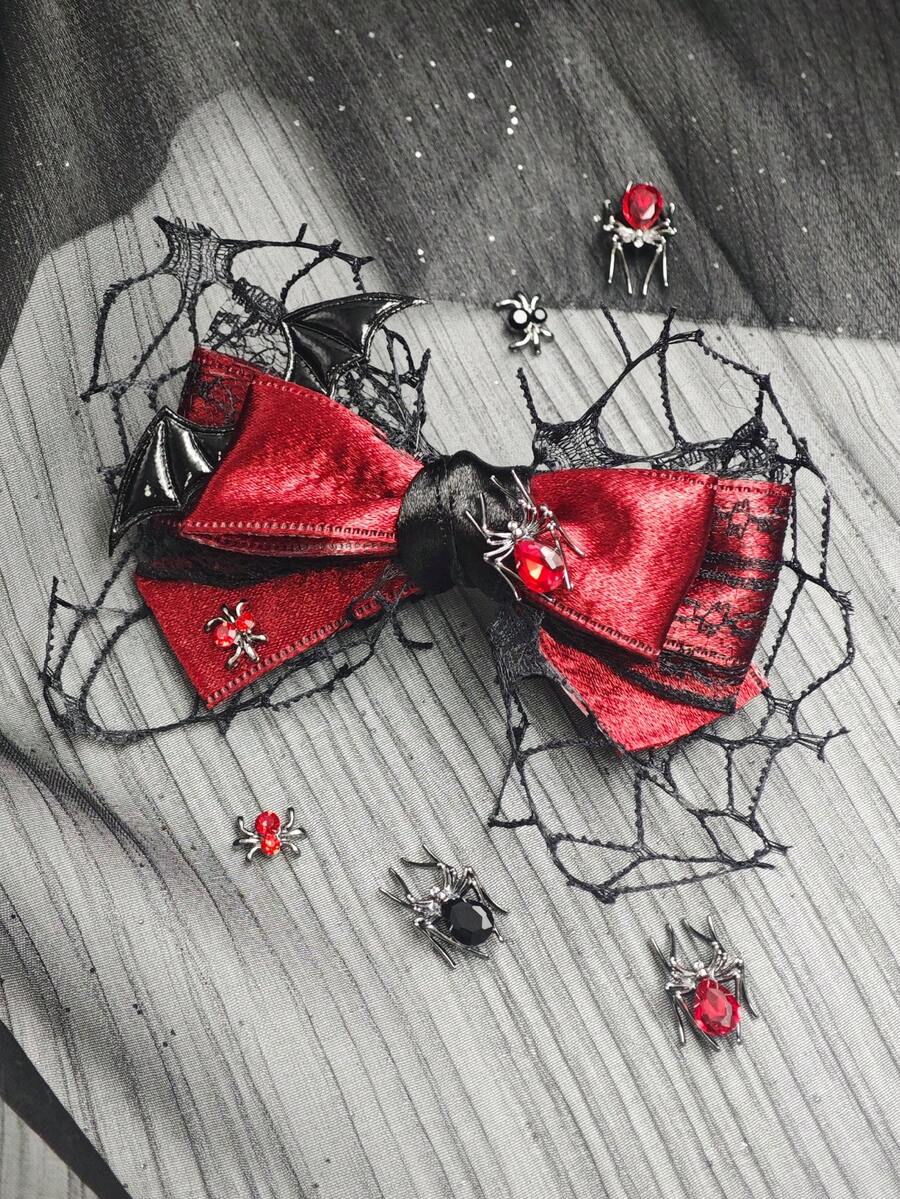 1pc Women's Red & Black Spider Bat Lace Hair Clip, Back Of Head Hair Accessory For Halloween Outfit And Party Wear - Black and Red - View 1