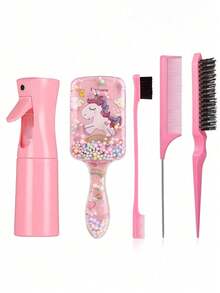 5pcs Unicorn Cartoon Hair Comb Set, Continuous Spray Water Bottle, Hair Styling Comb, Travel Portable Tools, Suitable For All Hair Types - Multicolor - View 15