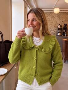 Women's Green Short Knit Cardigan With Large Ruffle Collar And Buttons, Suitable For Garden, Street, Daily Casual, Autumn/Winter Wear - Green - View 1