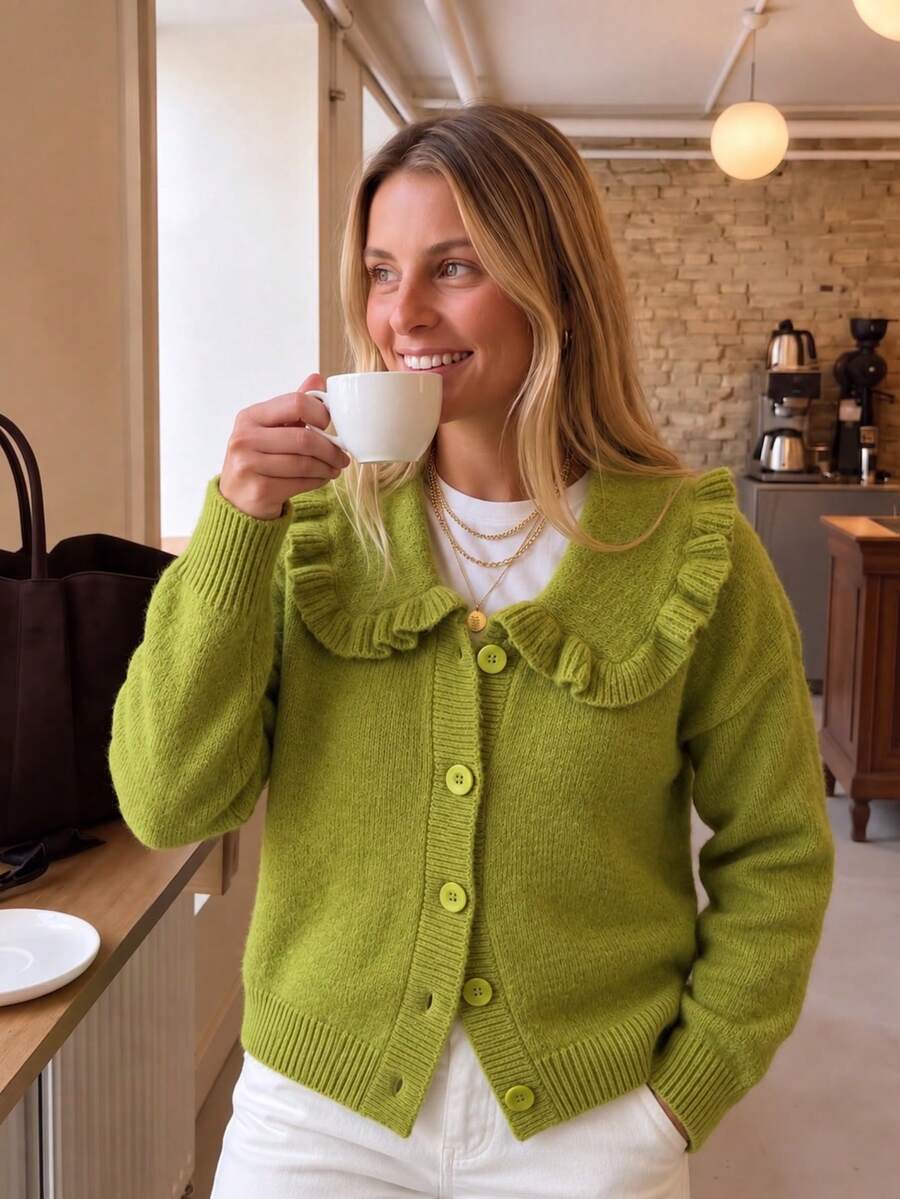 Women's Green Short Knit Cardigan With Large Ruffle Collar And Buttons, Suitable For Garden, Street, Daily Casual, Autumn/Winter Wear - Green - View 1