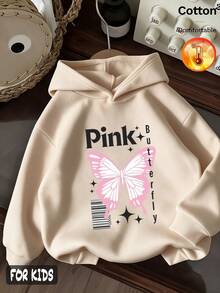 Autumn/Winter 3 Pieces Set: Girls' Fleece Hoodie With Donut, Pink Bow, "Pink" And "Let Me Sleep" Prints, Y2K Style - Apricot + Apricot + Apricot - View 4