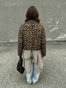 Women's Khaki Leopard Print Short Regular Fit Woven Jacket, Lapel Long Sleeve Zipper Short Top, Vintage Stylish Outerwear, Suitable For Autumn/Winter Daily, Street Style, Commuting, Weekend Outings - Multicolor - View 2