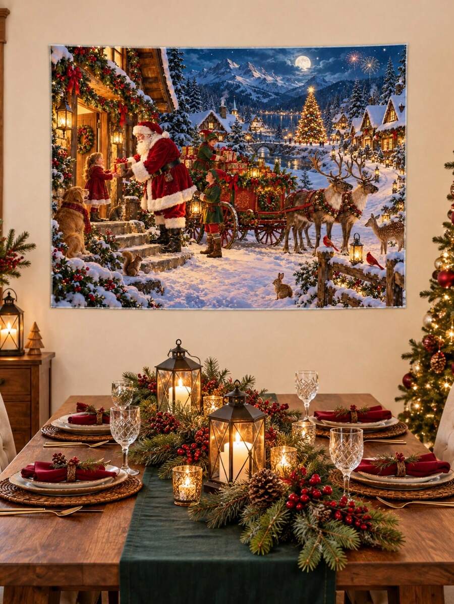 1pc Christmas Forest Gift Delivery Cart Banner Tapestry, Snowy Cabin & Reindeer Holiday Background, Faux Super Soft Polyester Single-Sided Print, White Hemmed Edge - Multicolor - View 1