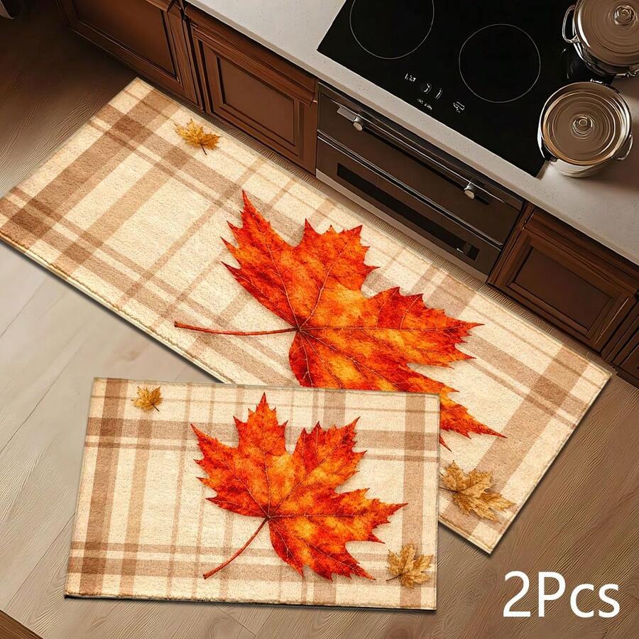 2D Autumn Maple Leaf Pattern Printed Long Runner Rug Series, Indoor Entrance Mat, Bedroom Bedside Mat, Kitchen Long Mat, Suitable For Living Room, Laundry Room, Bathroom - Multicolor - View 1