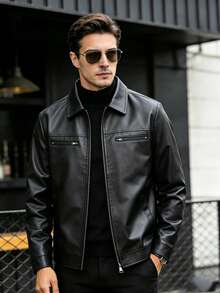 Men's Black PU Leather Jacket With Turn-Down Collar, Dual Zipper Chest Pockets, Short Length, Spring/Autumn Vintage Workwear Style Faux Leather Jacket, Casual Business Commute Top - Black - View 13