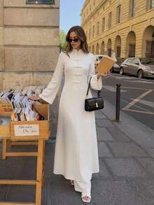 Women's Apricot Non-Stretch 2 Pieces Set: Stand Collar Frog Button Long Coat And Pants, Suitable For Casual Daily Wear - Apricot - View 4