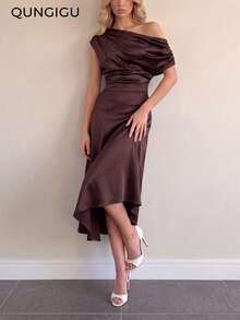 QUNGIGU Women's Asymmetric Satin Midi Dress Elegant Formal Gown For Wedding Guest Graduation Going Out - Brown - View 2