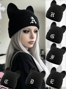 1 buah Topi Rajut Telinga Kucing Gaya Gotik Y2K Huruf A-Z, Topi Telinga Kucing Rajut Mewah Poliester, Musim Gugur/Dingin - Hitam - View 1