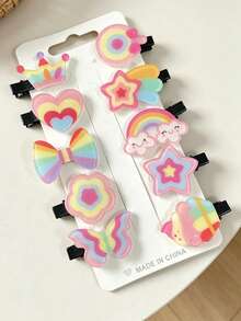 10pcs Women's Colorful Cartoon Student Hair Accessories Set, Rainbow Heart Butterfly Fruit Bear Hair Clips, Girls' Daily Side Hair Clips - Multicolor - View 6