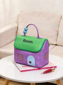 1pc Cute House Shaped Dopamine Color Makeup Bag, Large Capacity Cosmetic Storage Bag, Portable Travel Toiletry Bag With Beaded Handle, Can Hold Lipstick, Brushes, Suitable For Daily Use, Weekend Trips, Business Travel, Convenient To Carry Outdoor Cosmetic Storage Bag - Multicolor - View 4